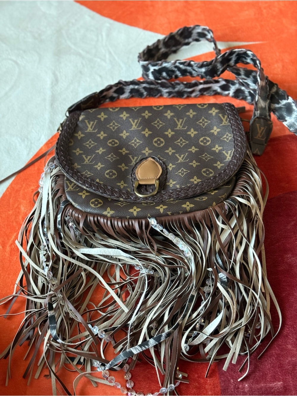 Inspired Brown Monogram Fringe Crossbody with Tan Accents